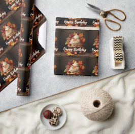 Papier Cadeau Cupcake d'automne avec feuilles d'automne colorées