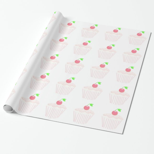 Papier Cadeau Cupcake rose clair avec cerise sur le dessus (Déroulé)