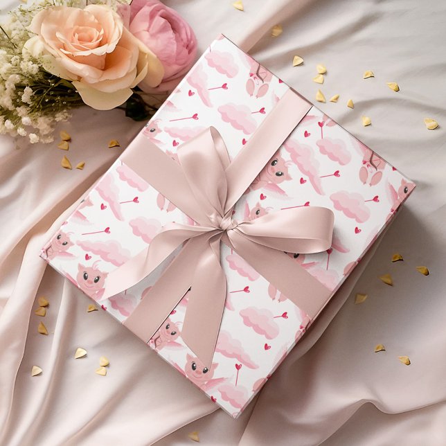 Papier Cadeau Cupidon mignon avec motif d'ailes roses pour la Sa (Créateur téléchargé)