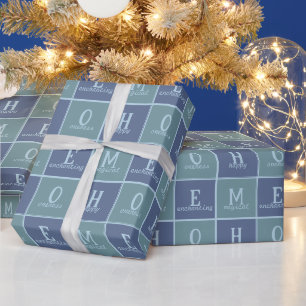 Papier Cadeau Custom Chic "HOME" en bleu et gris teintes