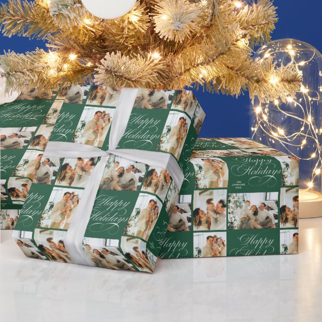 Papier Cadeau Custom Modern Elegant Photo Green Happy Holidays (Vacances)