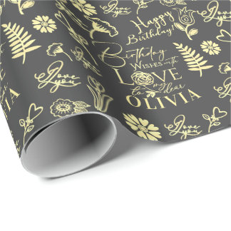 Papier Cadeau Custom Name Floral Typography Birthday Loved Ones