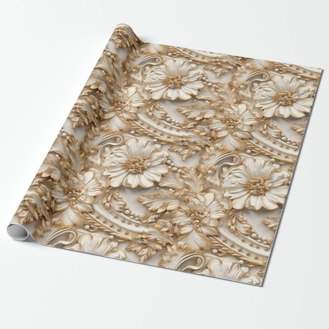 Papier Cadeau Cute 3-D ivoire/or fleurs de Noël (Déroulé)