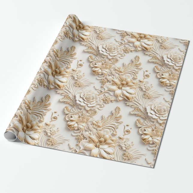 Papier Cadeau Cute 3-D ivoire/or fleurs de Noël (Déroulé)