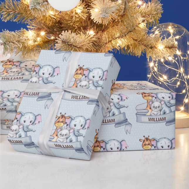 Papier Cadeau Cute Animaux Elephant Giraffe Koala Blue Custom (Vacances)