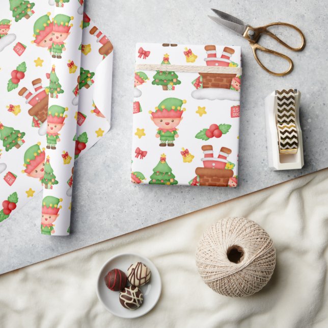 Papier Cadeau Cute aquarelle Elf Père Noël Holly Berries Noël (Artisanat)