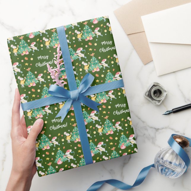Papier Cadeau Cute aquarelle Noël Rats Motif Vert (Cadeaux)