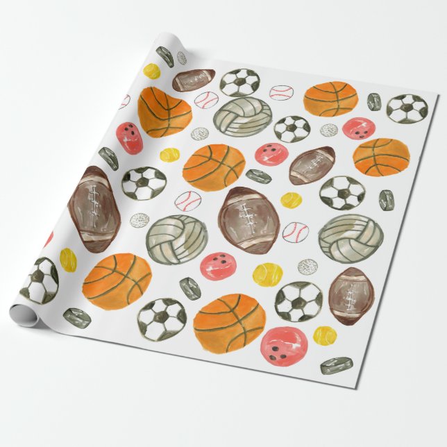 Papier Cadeau Cute Aquarelle Sports Ball Enfants Anniversaire (Déroulé)