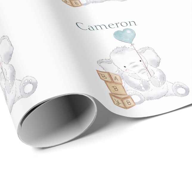 Papier Cadeau Cute Baby Boy Elephant Aquarelle Nom personnalisé (Coin rond)