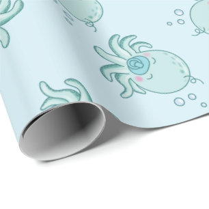 Papier Cadeau Cute Baby shower Octopus Kawaii Blue Boy