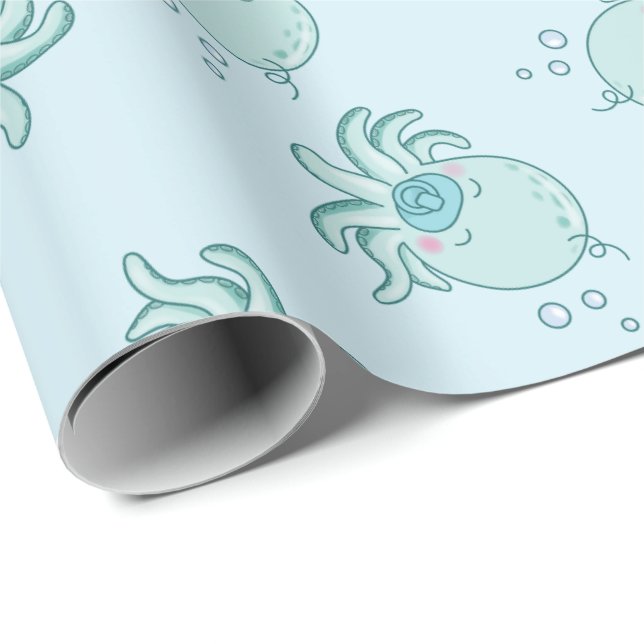 Papier Cadeau Cute Baby shower Octopus Kawaii Blue Boy (Coin rond)