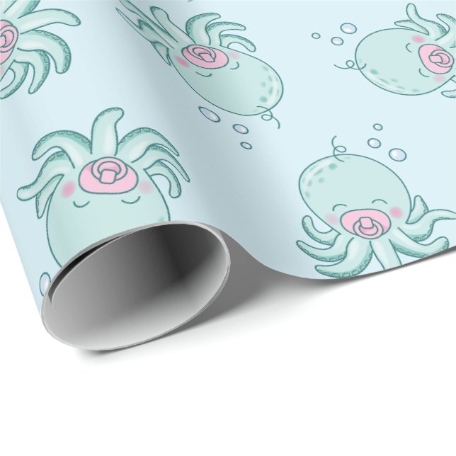Papier Cadeau Cute Baby shower Octopus Kawaii fille rose (Coin rond)