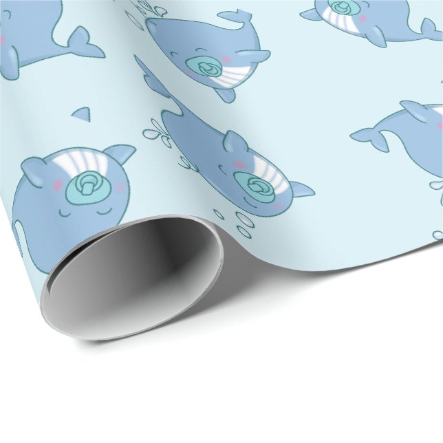 Papier Cadeau Cute baleine Baby shower Kawaii Boy Blue (Coin rond)