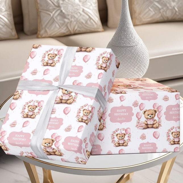 Papier Cadeau Cute Bear Rose 1er Anniversaire Nom Papier d'envel (Cute Bear Pink 1st Birthday Name Wrapping Paper)