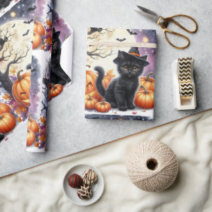 Papier Cadeau Cute Black Kitty Chat Halloween Papier à enveloppe