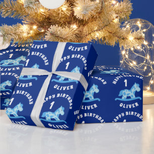 Papier Cadeau Cute Blue Rocking Horse Boy 1er Anniversaire