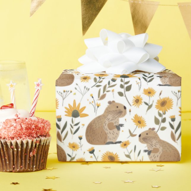 Papier Cadeau Cute Capybara Tournesol Floral (Fête d'anniversaire)