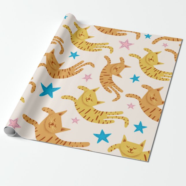 Papier Cadeau Cute cats seamless pattern with stars funny drawin (Déroulé)