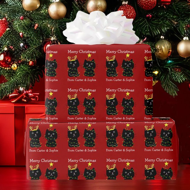 Papier Cadeau Cute Chat Joyeux Feux de Noël Personnalisé Rouge (Créateur téléchargé)