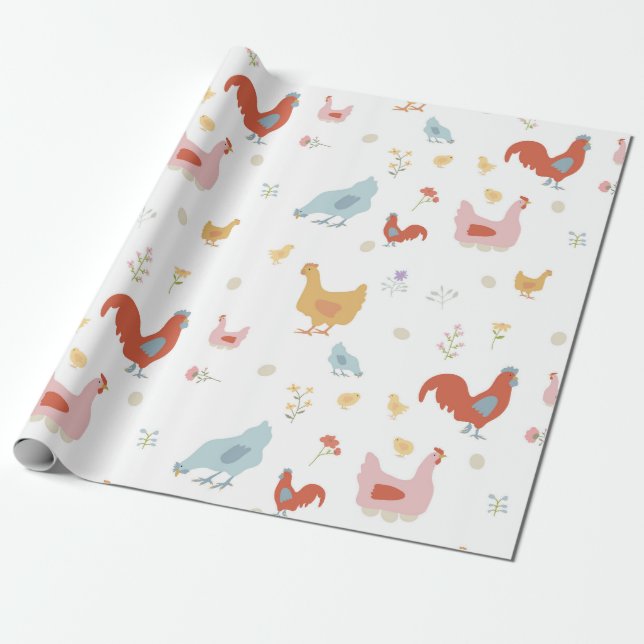 Papier Cadeau Cute Chickens Hens and Baby Chicks (Déroulé)