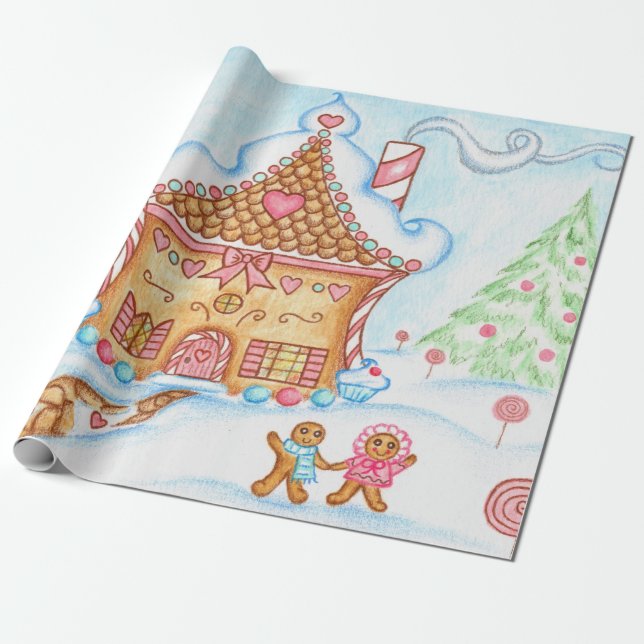 Papier Cadeau Cute Christmas Gingerpain Maison papier d'envelopp (Déroulé)
