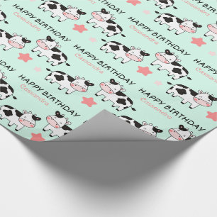 Papier Cadeau Cute Cow Star Enfants Nom Vert Anniversaire