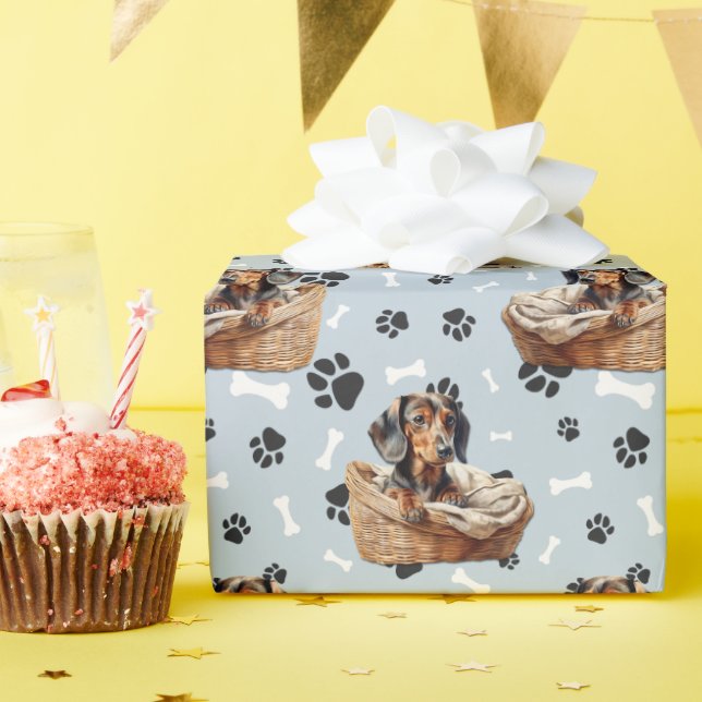 Papier Cadeau Cute Dachshund Chiot en Empreinte de patte de pani (Fête d'anniversaire)