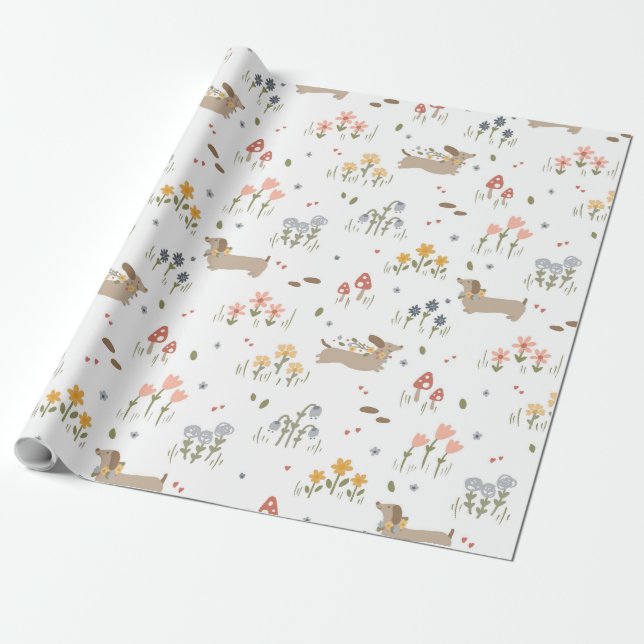 Papier Cadeau Cute Dachshund Fleur sauvage fête de naissance (Déroulé)