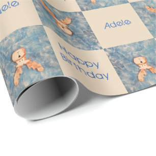 Papier Cadeau Cute Deer Reindeer Bleu Joyeux Enfants d'Anniversa