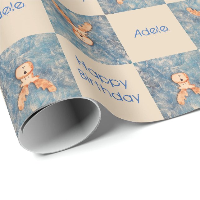 Papier Cadeau Cute Deer Reindeer Bleu Joyeux Enfants d'Anniversa (Coin rond)