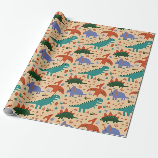 Papier Cadeau Cute Dinosaur Motif Anniversaire (Déroulé)