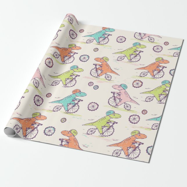Papier Cadeau Cute Dinosaur Vélos De Course Motif Whimsical (Déroulé)