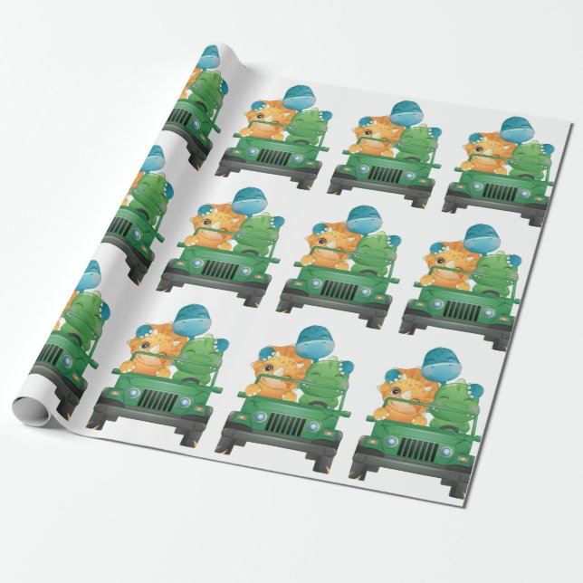 Papier Cadeau Cute Dinosaurs Safari Véhicule Baby shower Jungle (Déroulé)