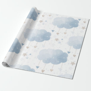 Papier Cadeau Cute Elegant Bleu Ivoire Nuages Étoiles Douche gar
