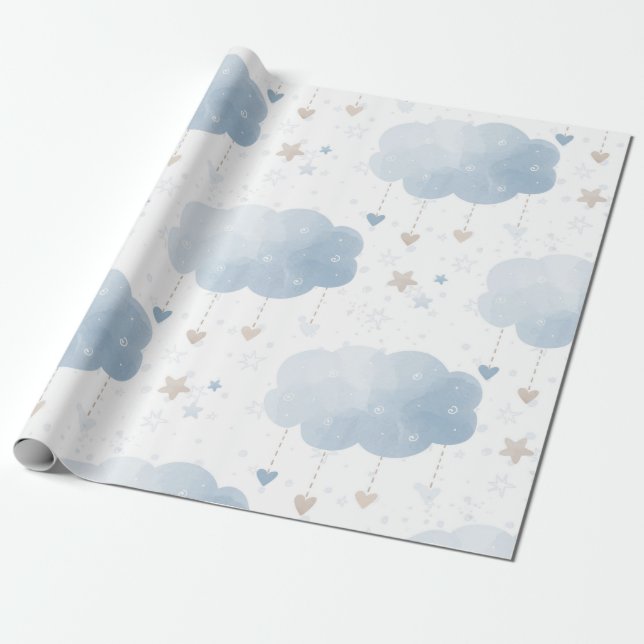Papier Cadeau Cute Elegant Bleu Ivoire Nuages Étoiles Douche gar (Déroulé)