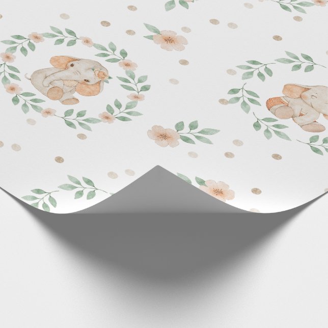 Papier Cadeau Cute Elephant Aquarelle Vert Baby shower de couron (Coin)