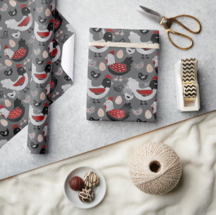 Papier Cadeau Cute ferme poulets gris et rouge moderne rustique