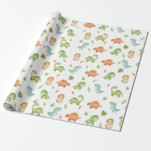 Papier Cadeau Cute Friendly Dinosaures T-Rex Green Orange Blue 