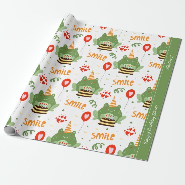 Papier Cadeau Cute Frog Motif avec Smile Text Joyeux anniversair (Déroulé)