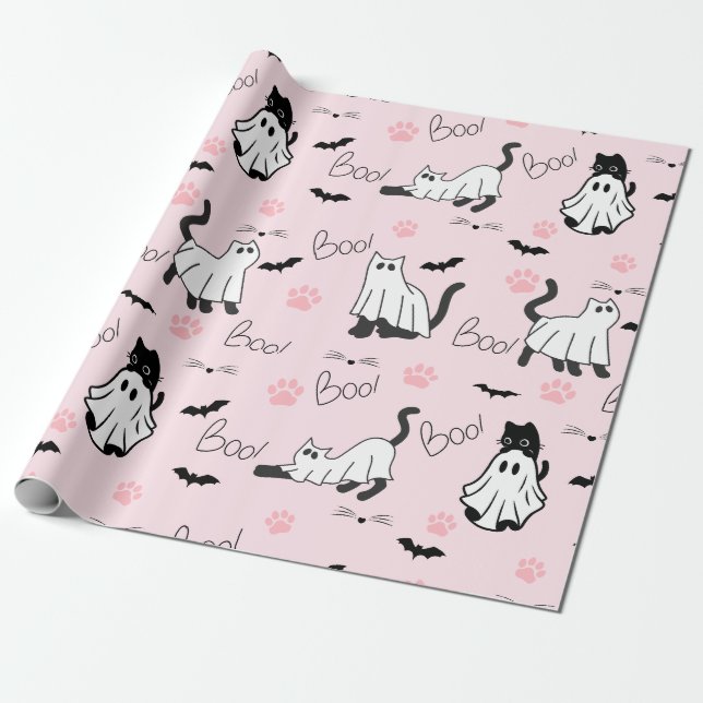Papier Cadeau Cute Ghost Cats Halloween (Déroulé)