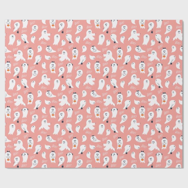 Papier Cadeau Cute ghosts Halloween Elegant Pink White (Plat)