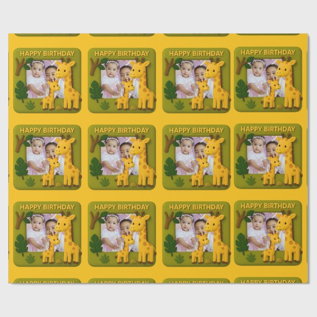 Papier Cadeau Cute Giraffe Anniversaire Photo personnalisable (Plat)