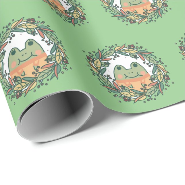 Papier Cadeau Cute grenouille à couronne florale en sueur (Coin rond)