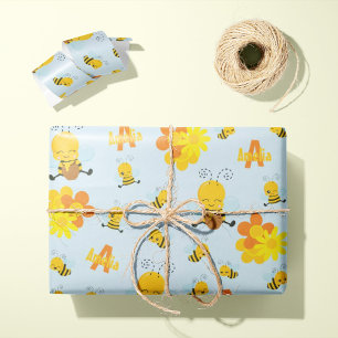Papier Cadeau Cute Happy Bumble Bee with Flowers