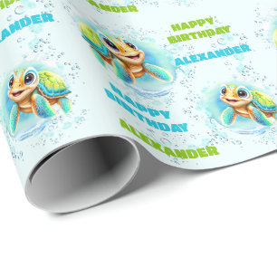 Papier Cadeau Cute Happy Sea Turtle Nom du garçon 1er anniversai