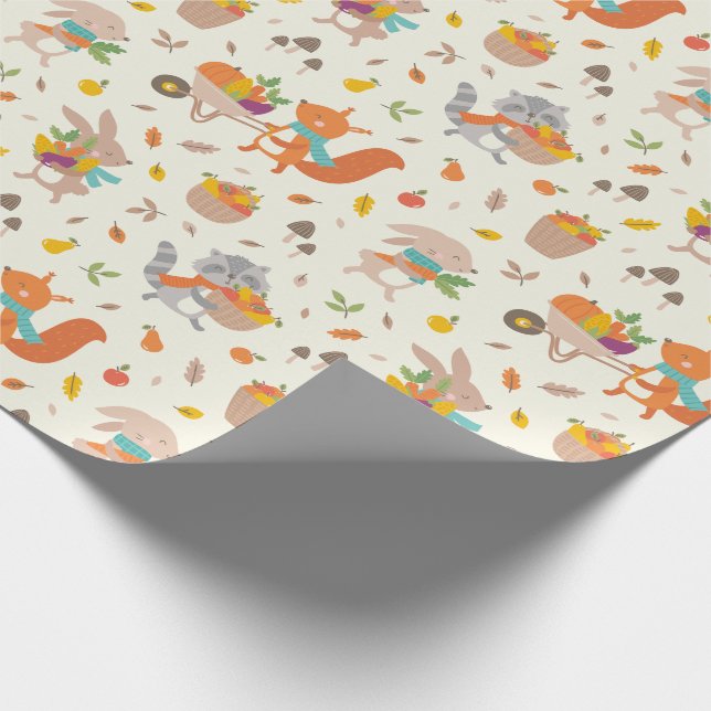 Papier Cadeau Cute Harvest Automne animaux avec légumes à la crè (Coin)