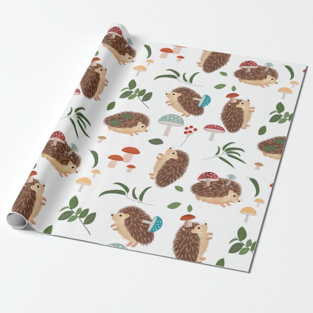 Papier Cadeau Cute Hedgehog Mushrooms Woodland Forest Animal (Déroulé)