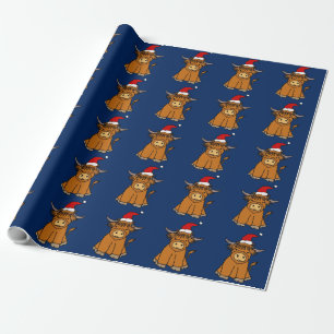 Papier Cadeau Cute Highland Cow in Santa hat Christmas
