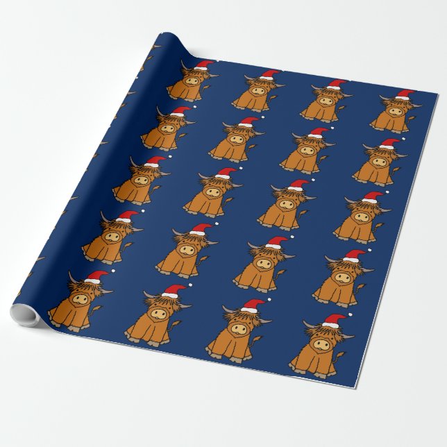 Papier Cadeau Cute Highland Cow in Santa hat Christmas (Déroulé)