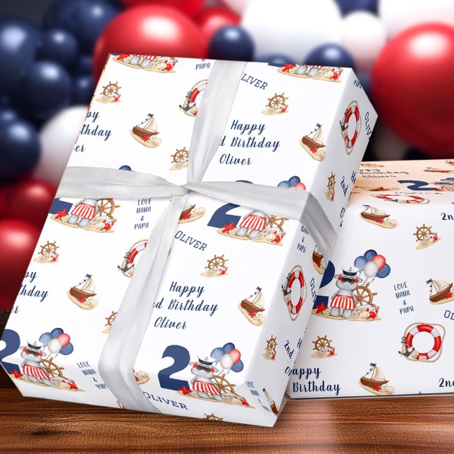Papier Cadeau Cute Hippo Sailor Nautical Boat 2e Anniversaire No (Cute Hippo Sailor Nautical Boat 2nd Birthday Boy Wrapping Paper)